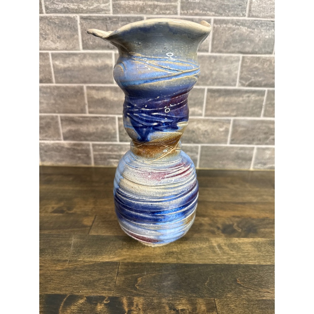Studio Art Pottery Vase Blue Burgundy Ruffled Rim Hand Thrown Studio Glazed 9"